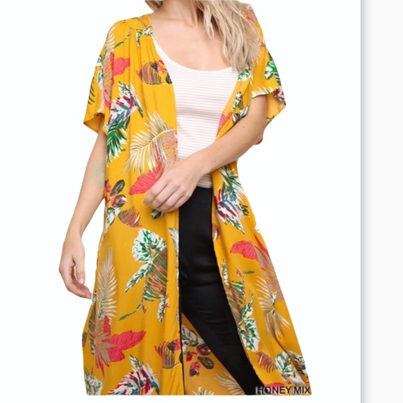 NWT UMGEE Yellow Tropical Print Kimono Duster Short Sleeve Cardigan Small - Picture 9 of 10